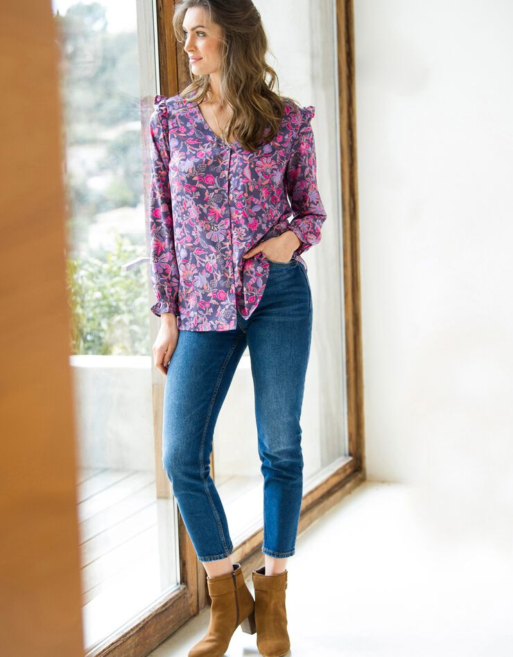 Blouse volantée boutonnée fleurie (violine / parme) Blouse volantée boutonnée fleurie (violine / parme)