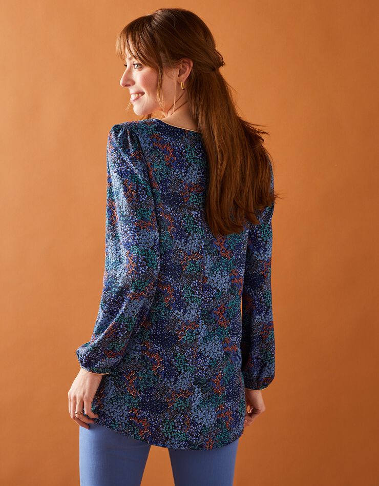 Blouse évasée détails dorés imprimé fleurs (marine / bleu) Blouse évasée détails dorés imprimé fleurs (marine / bleu)