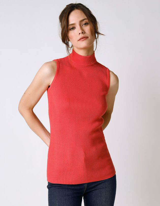 Pull sans manches maille côtelée (corail foncé) Pull sans manches maille côtelée (corail foncé)