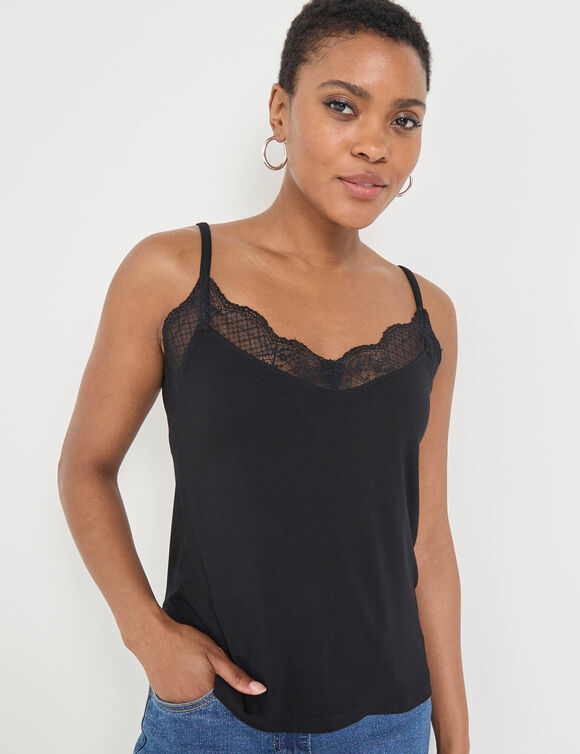 Débardeur col V dentelle, bretelles réglables (noir)