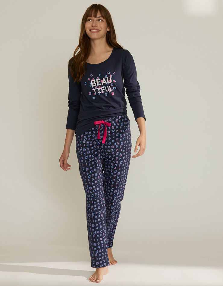 Tee-shirt manches longues coton uni imprimé placé "Beautiful" (marine) Tee-shirt manches longues coton uni imprimé placé "Beautiful" (marine)