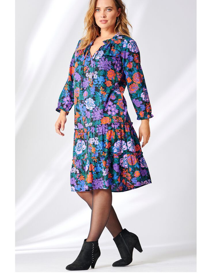 Robe volantée imprimée (noir / violet) Robe volantée imprimée (noir / violet)