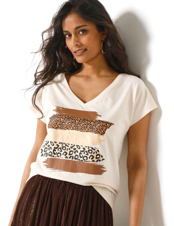 T-shirt col V imprim&eacute; l&eacute;opard dor&eacute;, coton (&eacute;cru / noisette)