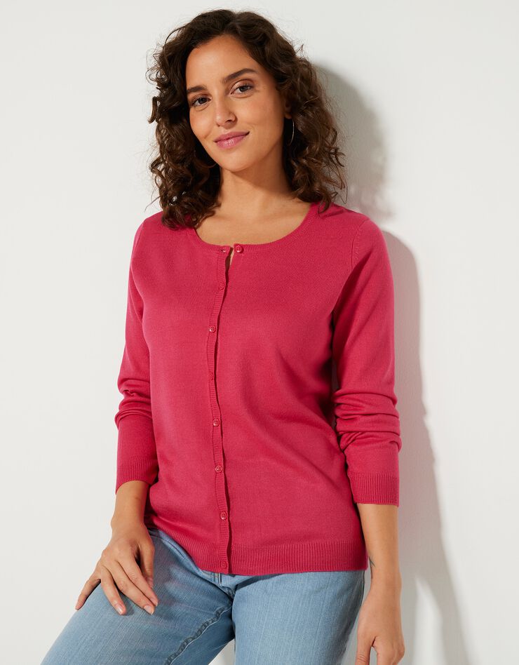 Cardigan boutonné col rond uni toucher cachemire (rose fuchsia) Cardigan boutonné col rond uni toucher cachemire (rose fuchsia)
