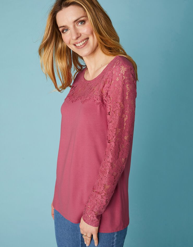 Tee-shirt col rond manches longues, dentelle jersey (bois de rose) Tee-shirt col rond manches longues, dentelle jersey (bois de rose)