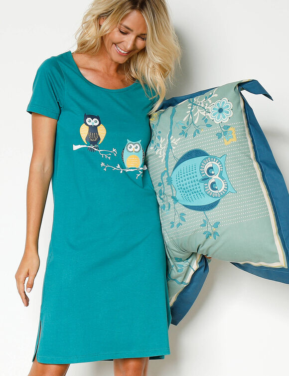 Chemise de nuit courtes manches courtes motif "hiboux" (vert sapin)