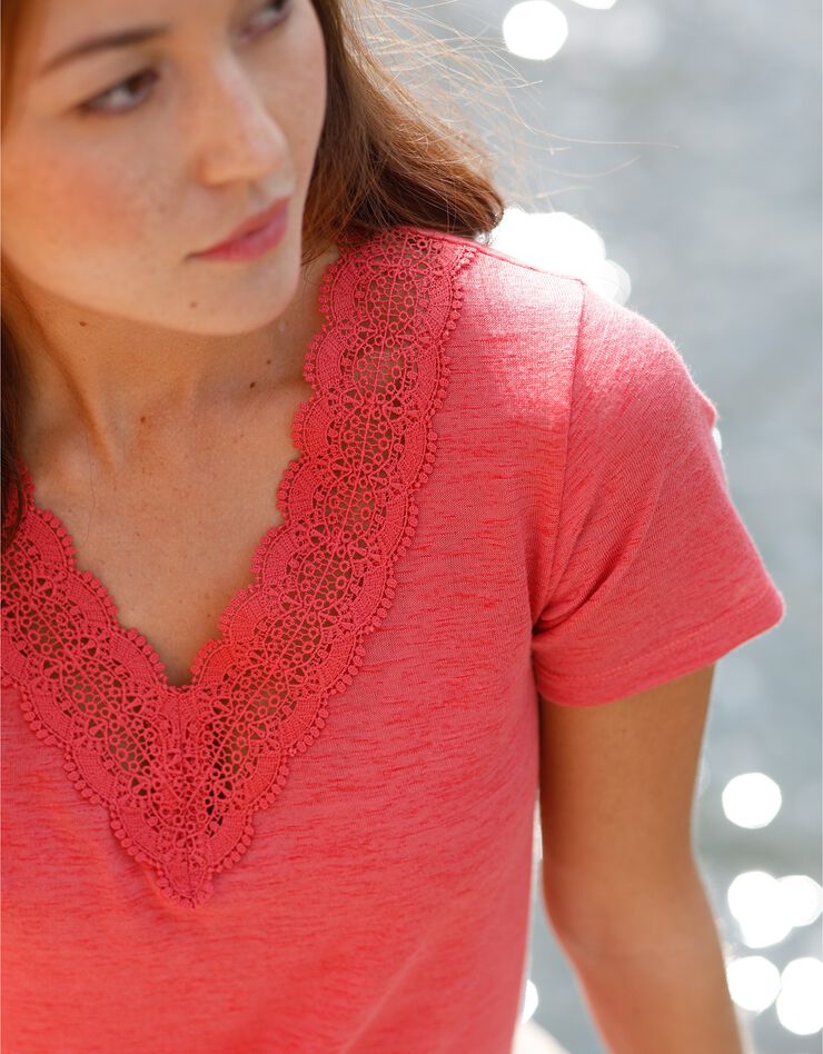 Tee-shirt macramé, effet lin (corail) Tee-shirt macramé, effet lin (corail)