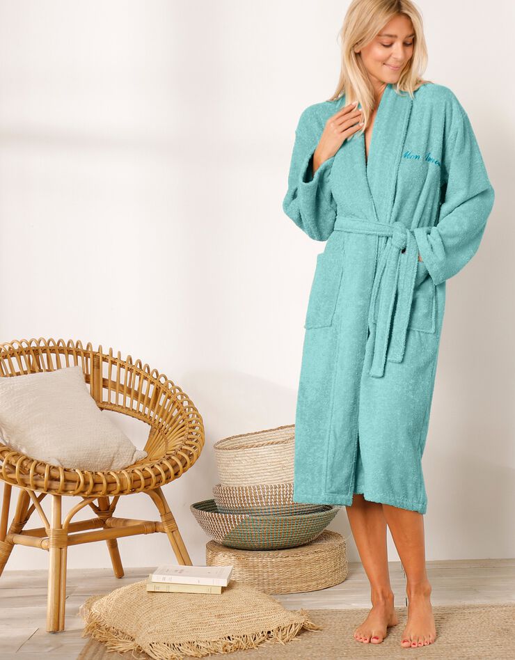 Peignoir mixte adulte éponge bouclette col châle personnalisable (vert d'eau) Peignoir mixte adulte éponge bouclette col châle personnalisable (vert d'eau)