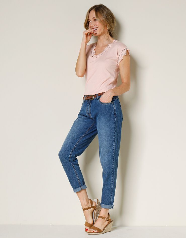 Tee-shirt uni col V macramé (rose poudré)