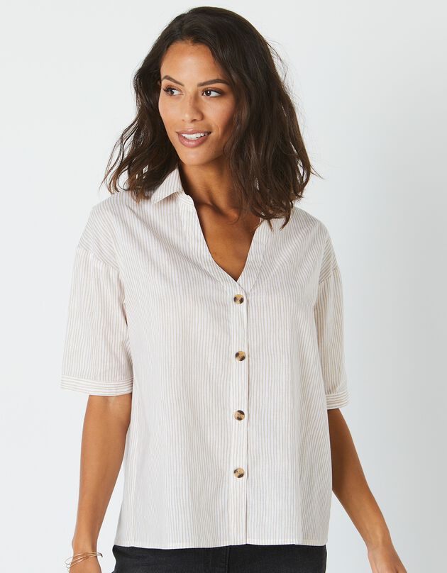Chemise manches coudes imprimé rayé, spécial petites (beige / blanc)