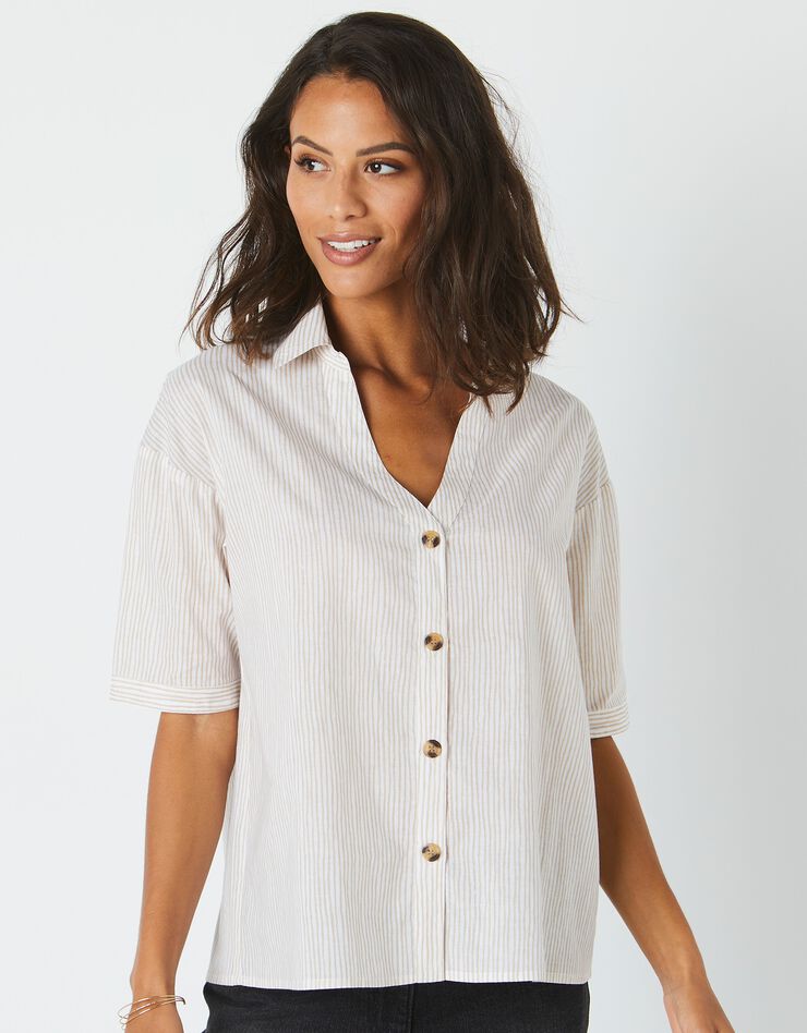 Chemise manches coudes imprimé rayé, spécial petites (beige / blanc) Chemise manches coudes imprimé rayé, spécial petites (beige / blanc)