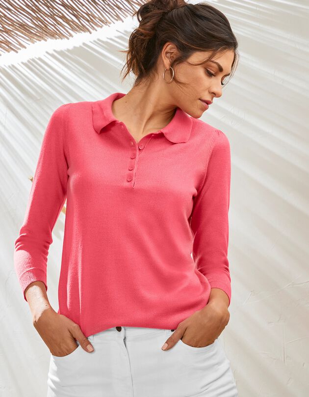 Pull col polo manches 3/4, toucher cachemire (grenadine) Pull col polo manches 3/4, toucher cachemire (grenadine)