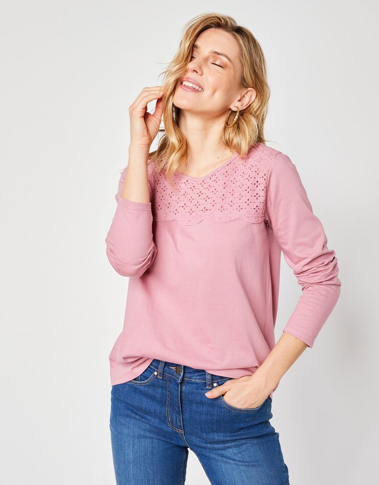 Tee-shirt manches longues, empiècement broderie anglaise (rose grisé) Tee-shirt manches longues, empiècement broderie anglaise (rose grisé)