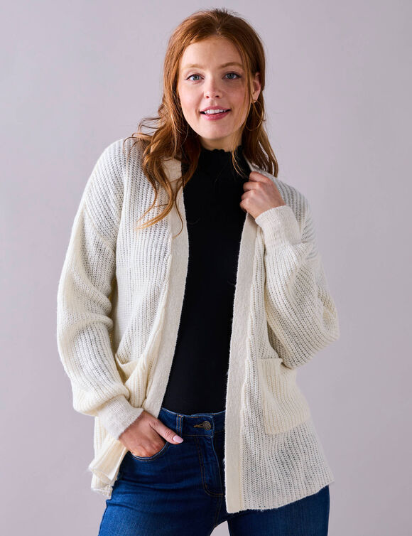 Gilet long porter ouvert, maille anglaise toucher doux (écru)