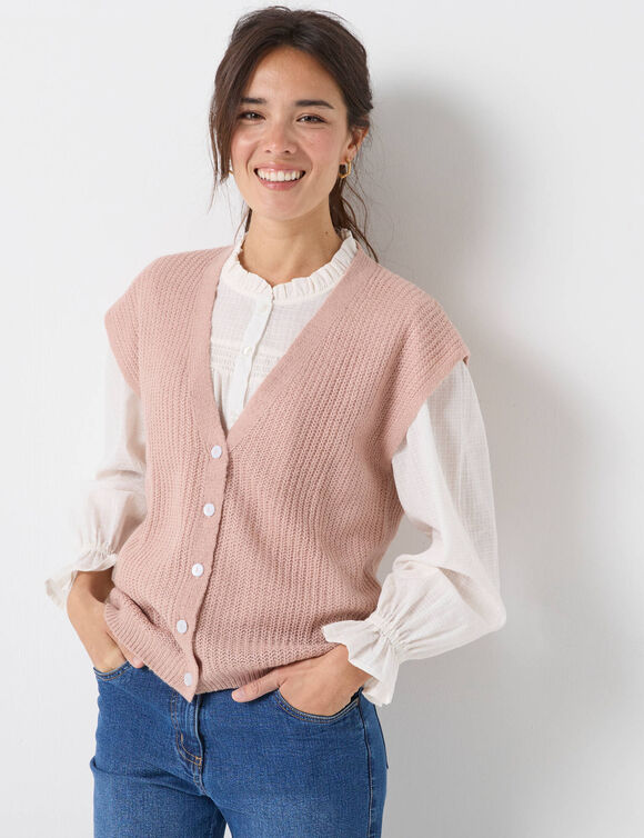 Gilet boutonné sans manches, maille anglaise (rose poudré)