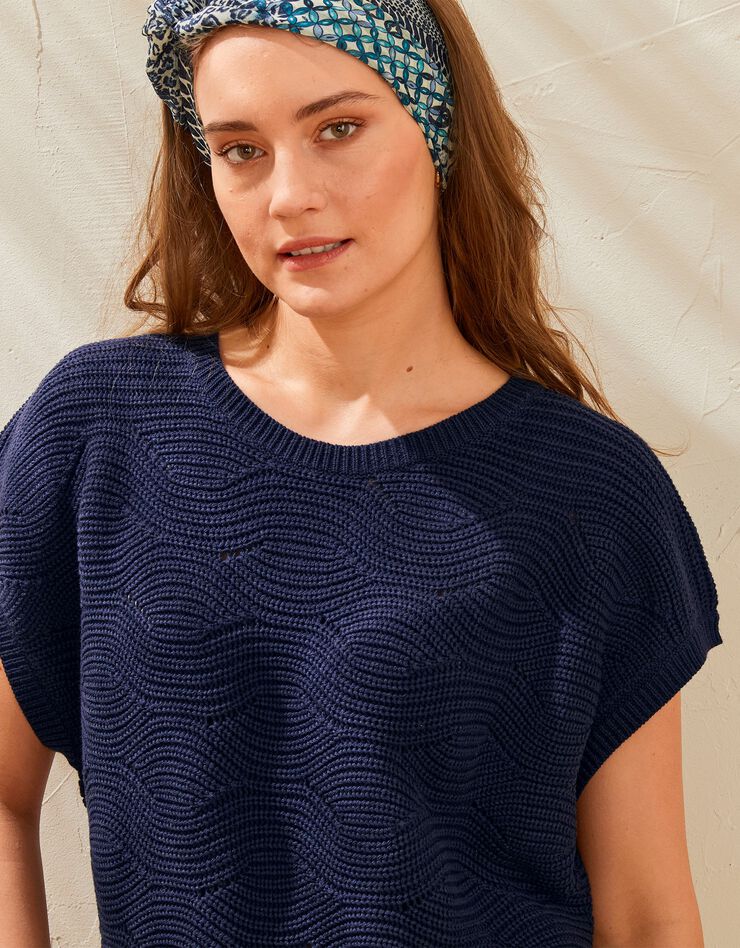 Pull manches courtes, maille fantaisie (marine) Pull manches courtes, maille fantaisie (marine)