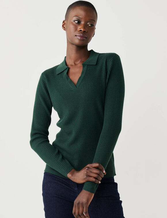 Pull col polo, maille c&ocirc;tel&eacute;e (vert fonc&eacute;)
