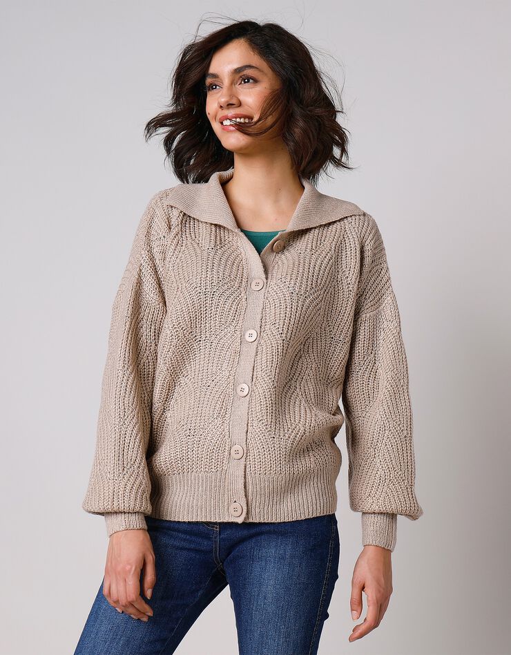 Cardigan maille fantaisie manches blousantes avec col (grège) Cardigan maille fantaisie manches blousantes avec col (grège)