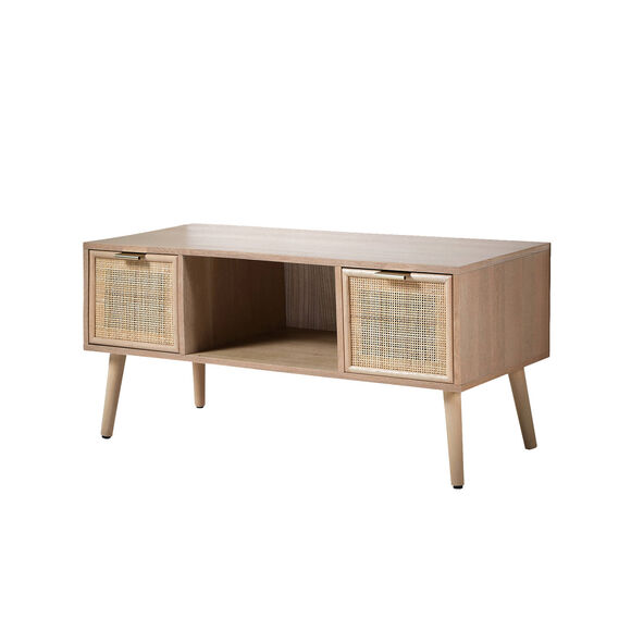 Meuble TV 2 tiroirs, en bois et rotin (naturel)