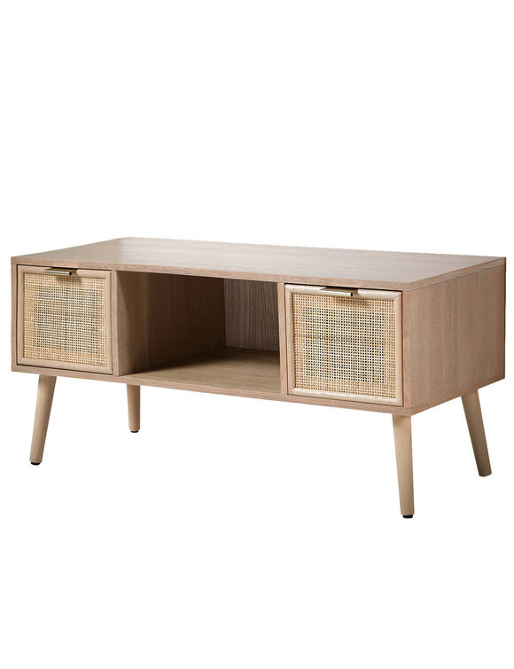 Meuble TV 2 tiroirs, en bois et rotin (naturel)