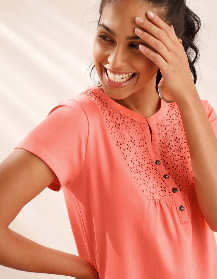 Tee-shirt boutonné broderie anglaise (pêche) Tee-shirt boutonné broderie anglaise (pêche)