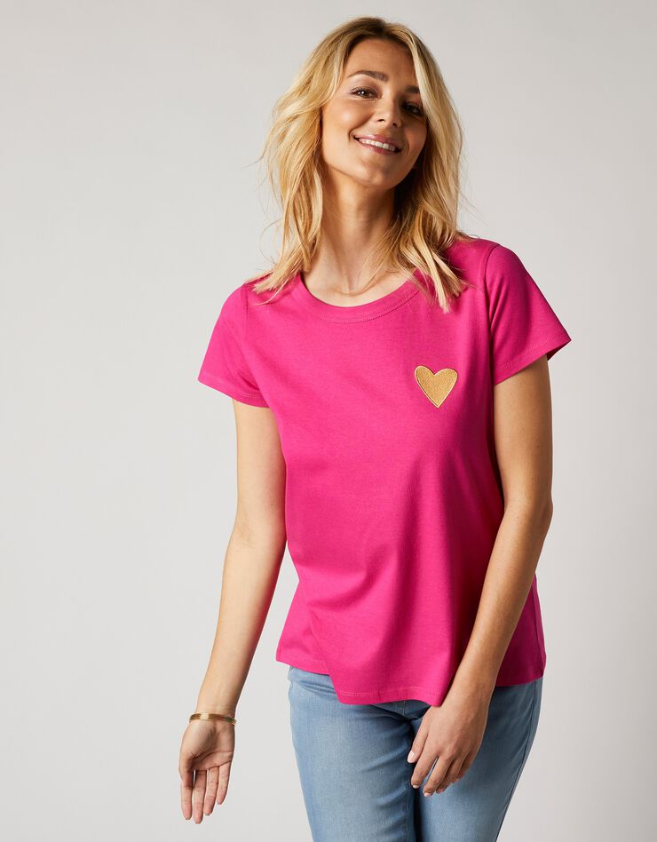 Tee-shirt uni broderie coeur manches courtes (rose) Tee-shirt uni broderie coeur manches courtes (rose)