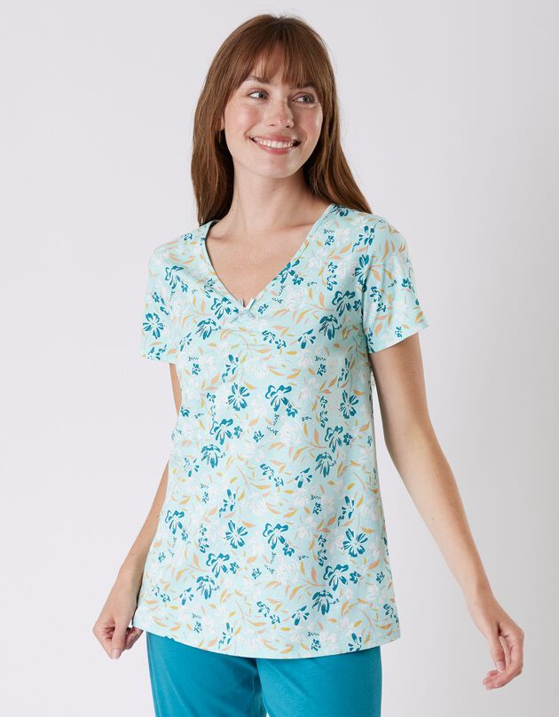 Tee-shirt pyjama manches courtes imprimé floral (aqua)