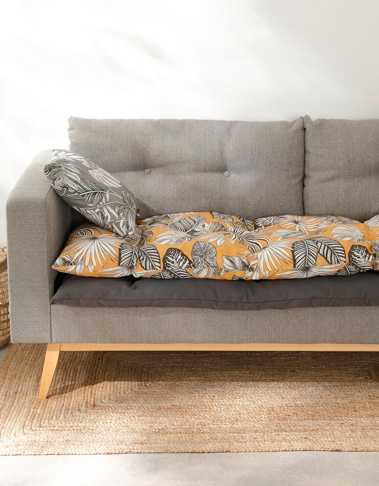 Long coussin déco coton imprimé tropical (jaune)