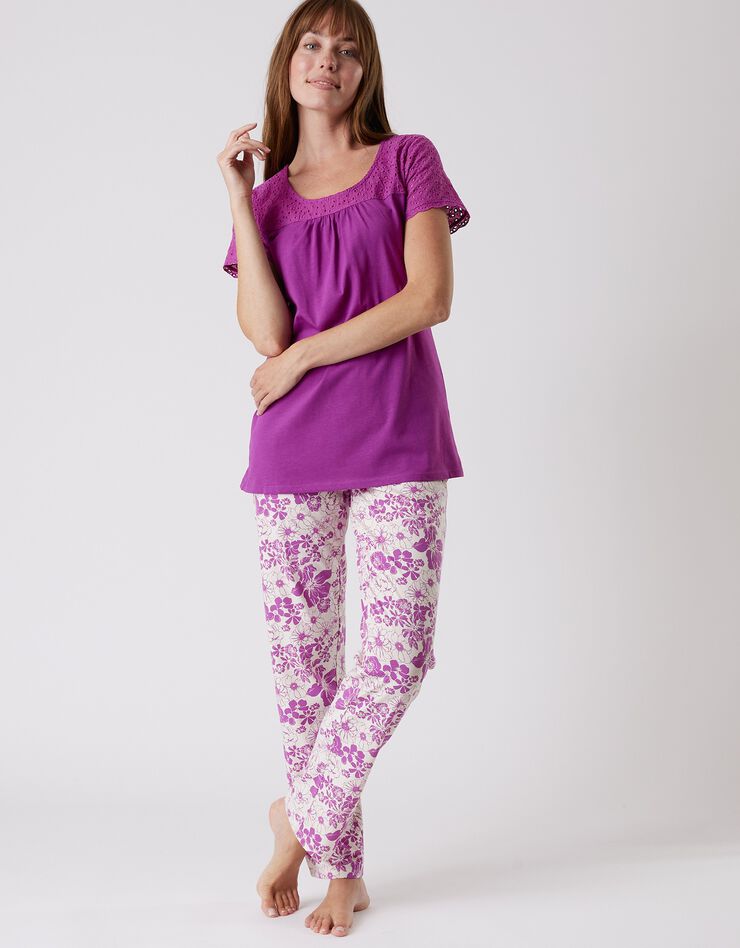 Pyjama imprimé avec broderie anglaise - manches courtes (violine) Pyjama imprimé avec broderie anglaise - manches courtes (violine)
