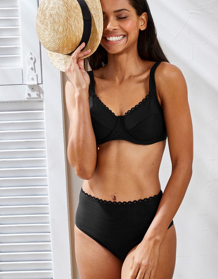 Culotte de bain maxi taille haute maille nid d'abeille Vilorio (noir)