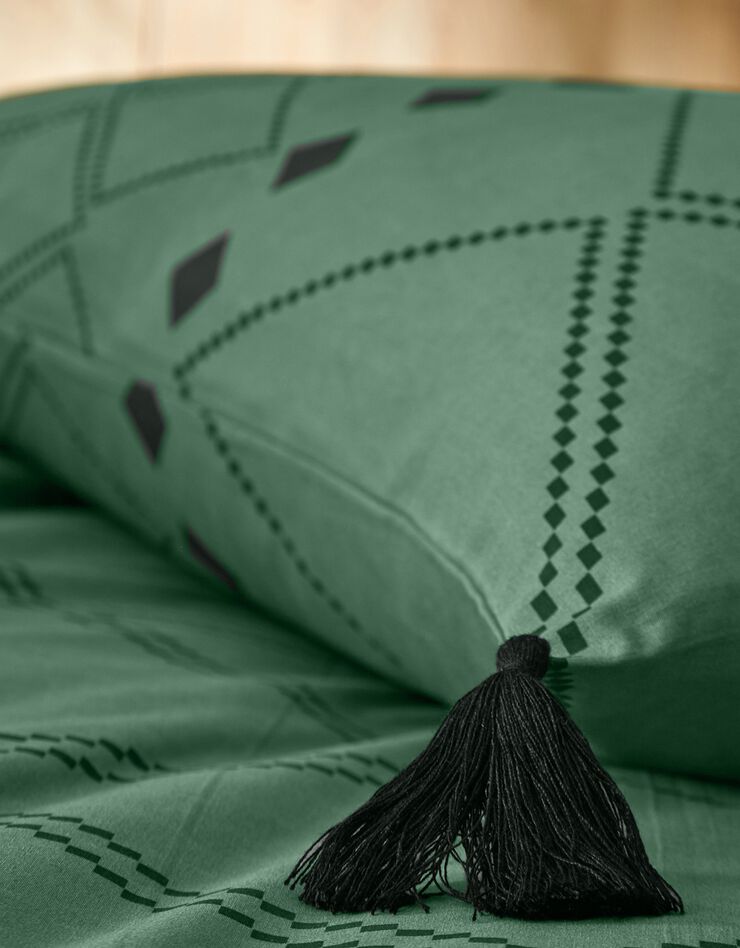 Linge de lit Massai coton à motifs graphiques et finitions pompons (vert)