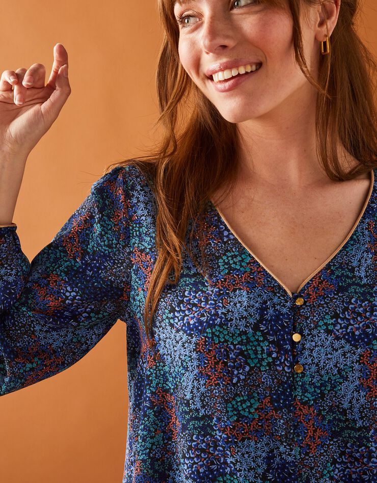 Blouse évasée détails dorés imprimé fleurs (marine / bleu) Blouse évasée détails dorés imprimé fleurs (marine / bleu)
