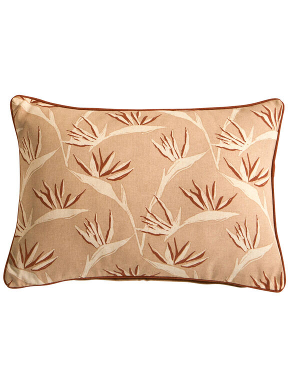 Coussin rectangulaire imprimé "oiseaux de paradis" (naturel / terracotta)