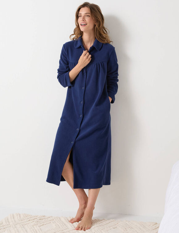 Robe de chambre longue en polaire, col Claudine (marine)