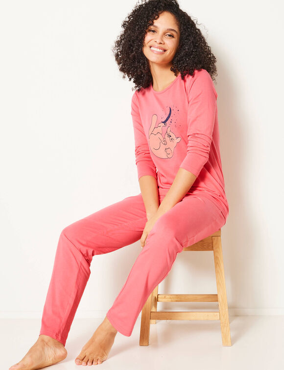 Pyjama manches longues imprimé chat (corail)