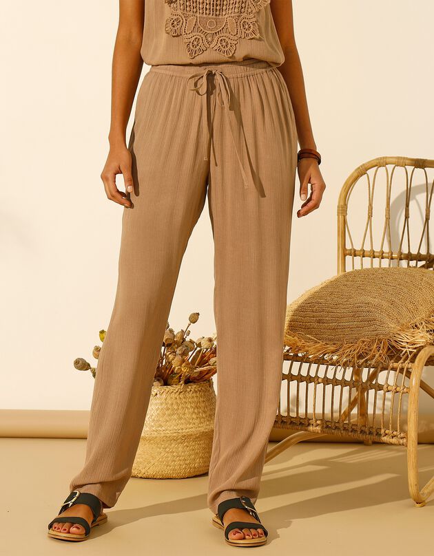 Pantalon droit uni, crépon fluide (taupe)