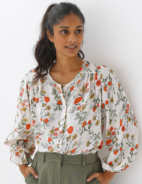 Chemisier imprim&eacute; coquelicots  (&eacute;cru / kaki)