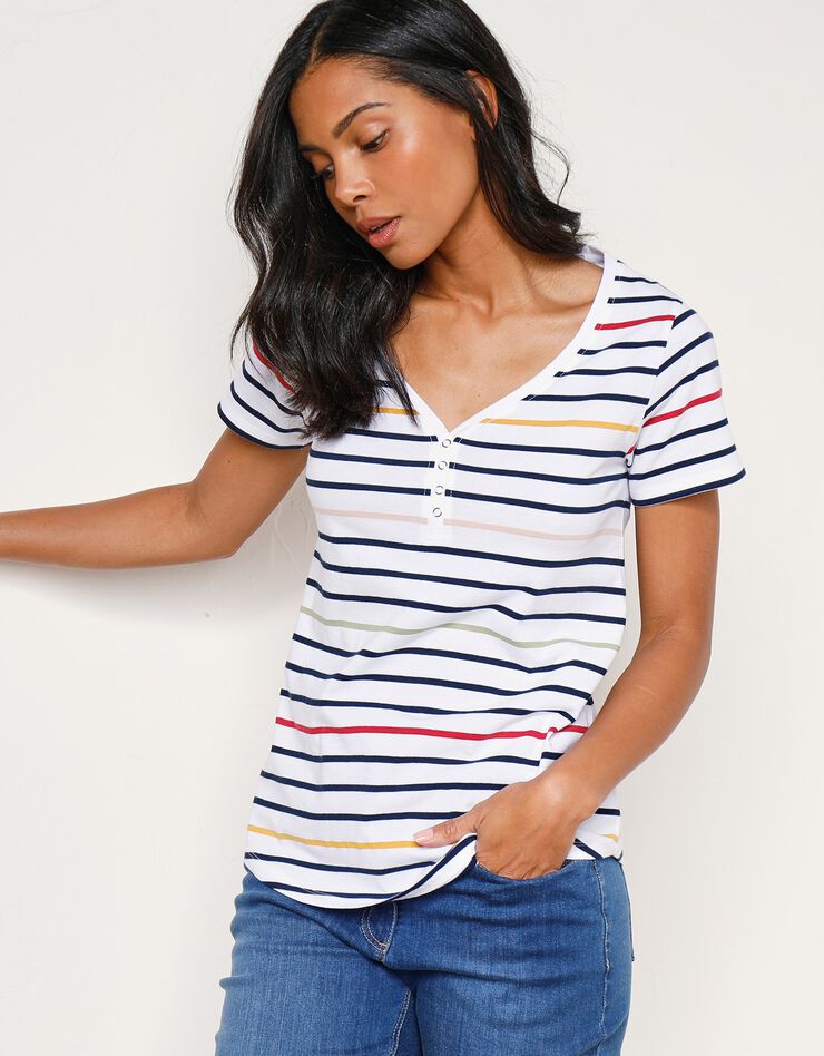 Tee-shirt col V rayé multicolore (blanc / multicolore) Tee-shirt col V rayé multicolore (blanc / multicolore)