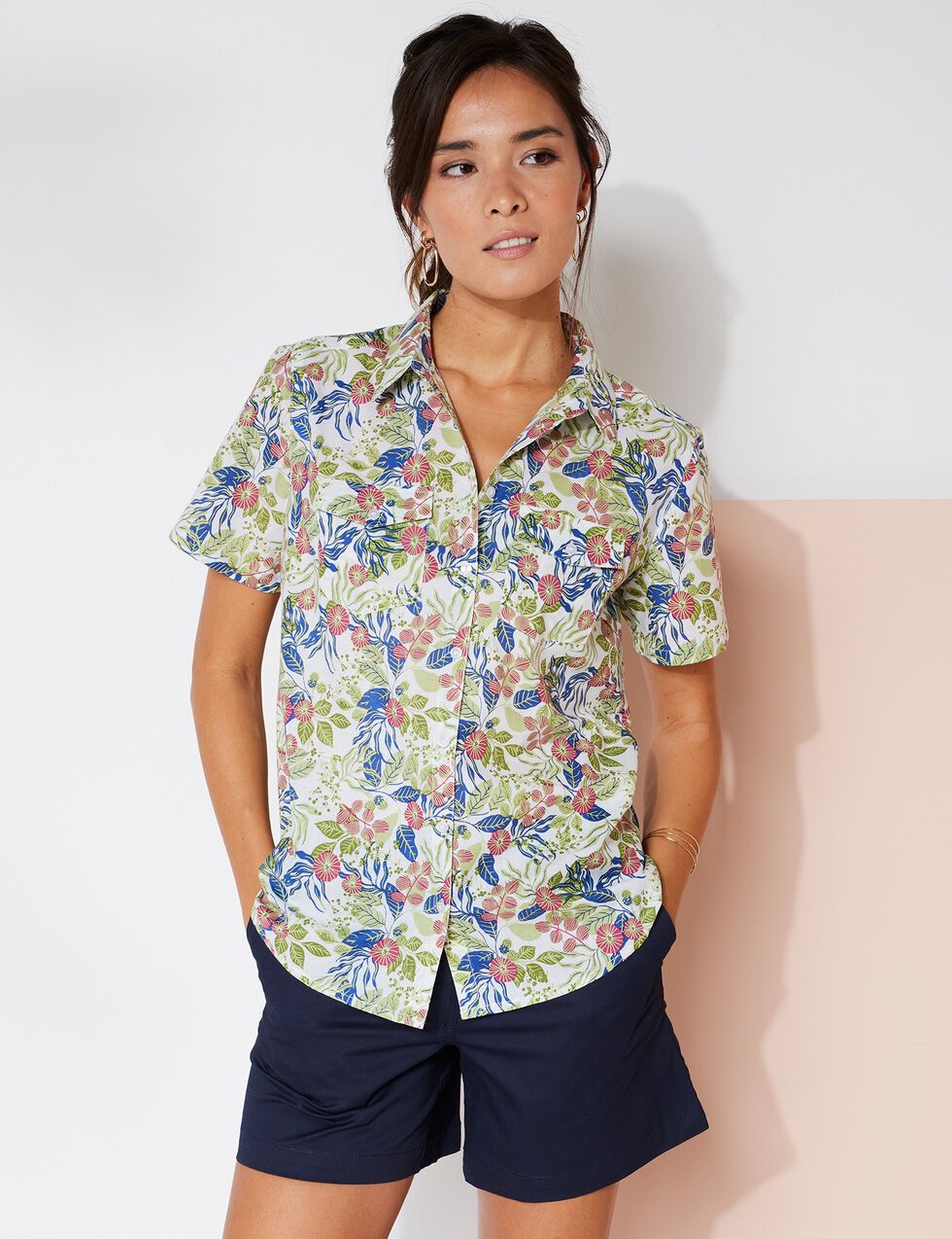 CHEMISE COL CLAUDINE RAYURES BRODÉES - Bleu / Blanc | Canada