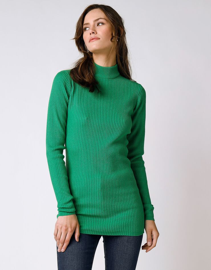 Pull col montant long, maille côtelée (vert) Pull col montant long, maille côtelée (vert)