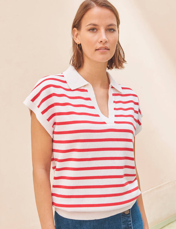 Pull ray&eacute; col polo, coton m&eacute;lang&eacute; (blanc / rouge)