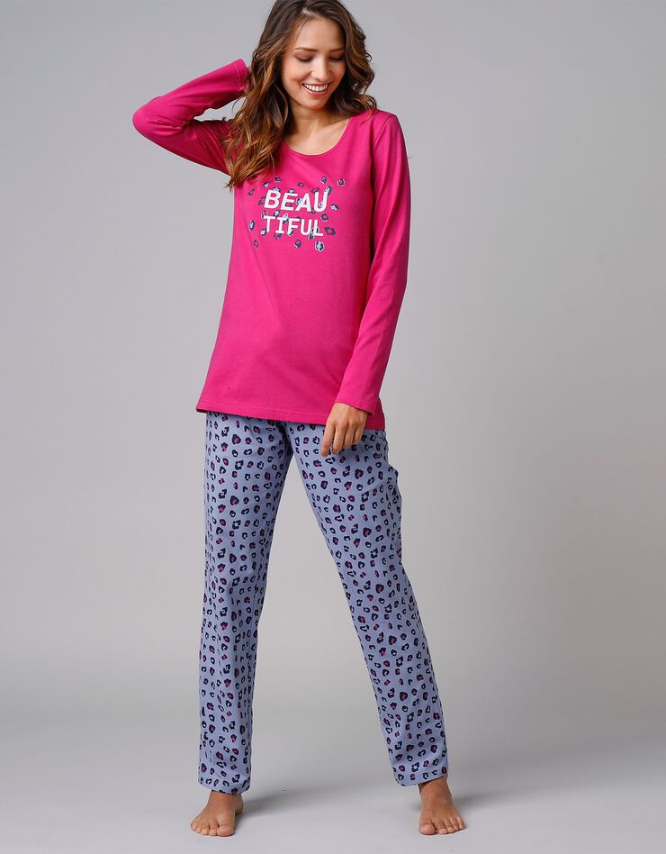 Tee-shirt manches longues coton uni imprimé placé "Beautiful" (fuchsia) Tee-shirt manches longues coton uni imprimé placé "Beautiful" (fuchsia)
