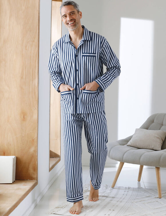 Pyjama rayures popeline coton (marine / &eacute;cru)