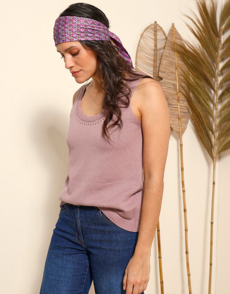 Pull débardeur en maille jersey, col festonné ajouré fantaisie (rose grisé) Pull débardeur en maille jersey, col festonné ajouré fantaisie (rose grisé)