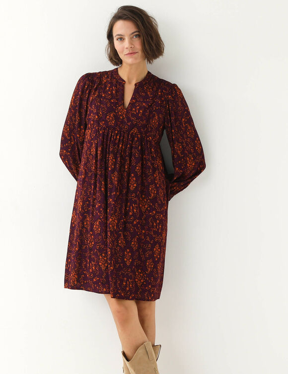 Robe housse col mao, cr&eacute;pon imprim&eacute; (prune / caramel)