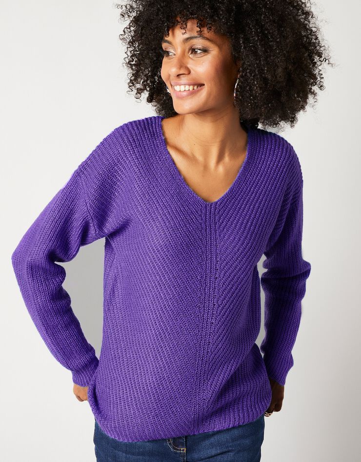 Pull col V, maille anglaise toucher mohair (violet) Pull col V, maille anglaise toucher mohair (violet)