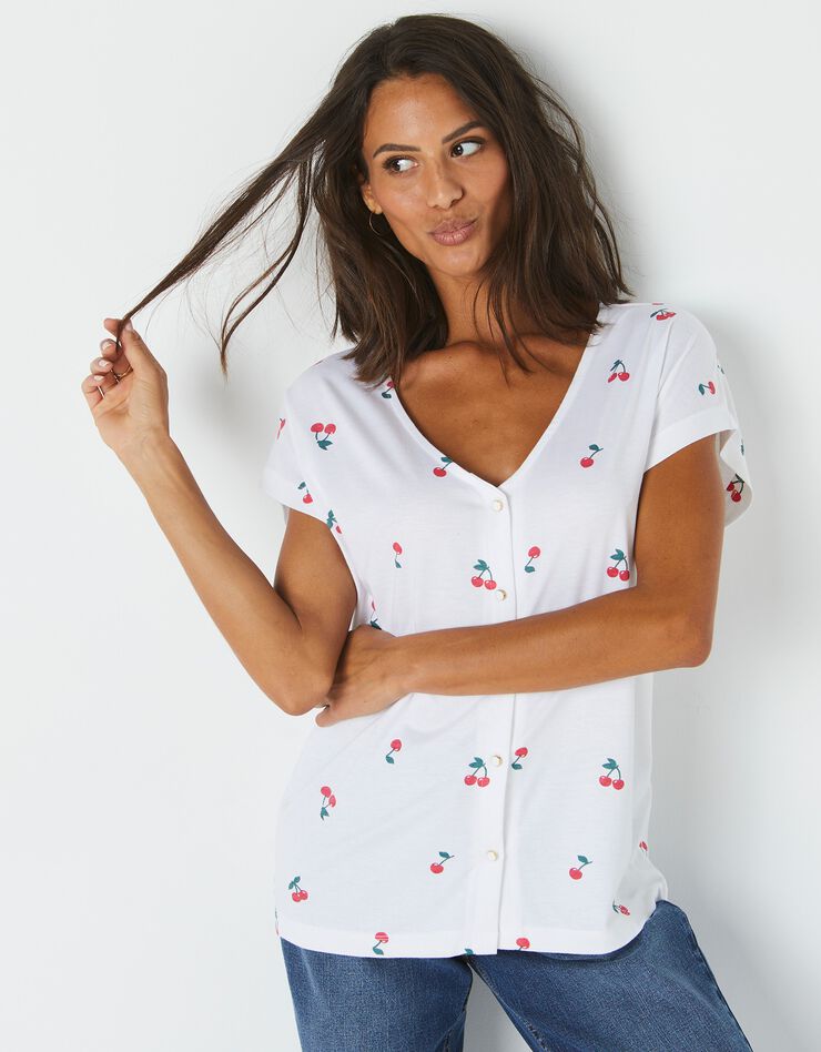 Tee-shirt col V boutonné imprimé cerises, spécial petites (blanc) Tee-shirt col V boutonné imprimé cerises, spécial petites (blanc)