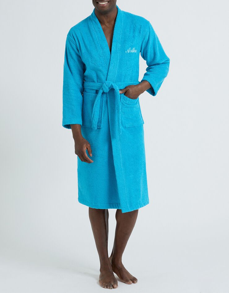 Peignoir mixte adulte uni coton éponge bouclette col kimono personnalisé (turquoise)