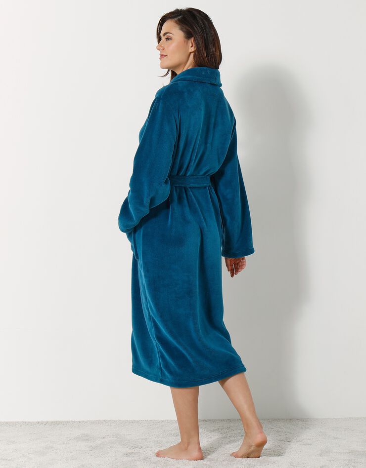 Peignoir mixte adulte col châle, microfibre toucher peluche (bleu paon)