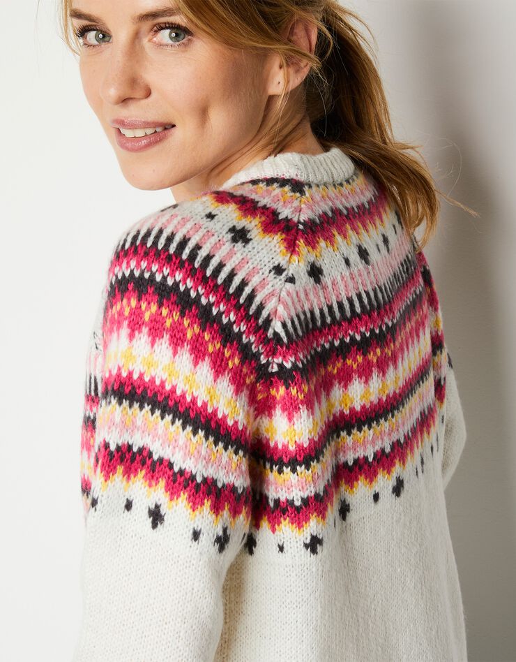 Pull col rond motif jacquard, toucher mohair (écru / rose) Pull col rond motif jacquard, toucher mohair (écru / rose)